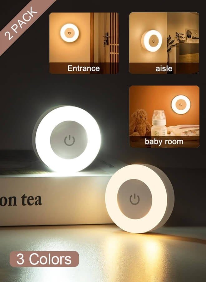 Bliszaar Night Touch Light Bright LED Push Lamp, 3 Colors Dimmable Rechargeable Puck Tap Nightlight Battery Operated, Wireless Stick on Lighting for Wall, Closet, Kitchen, Under Cabinet, Counter, 2 Pack - Image 1