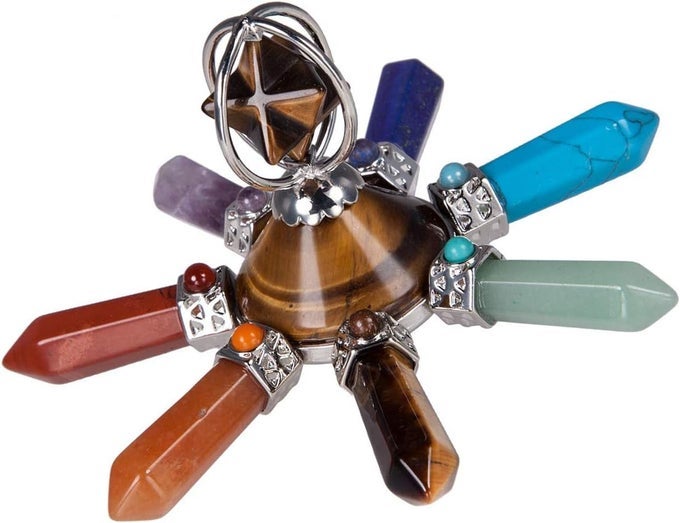 7 CHAKRA ENERGY GENERATOR REIKI HEALING CRYSTAL POINT PYRAMID CONICAL TOWER WITH MERKABA STAR STONE, TIGER'S EYE STONE