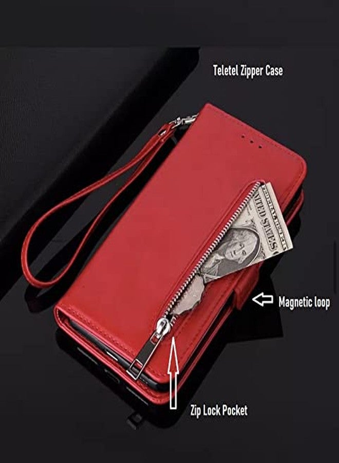 TELETEL Zipper Series Flip Mobile Cover Pu Leather | Card & Cash Pockets | Magnetic Loop | Front Zip Lock Wallet Case (Red) for iQOO 9 Pro 5G - Image 4