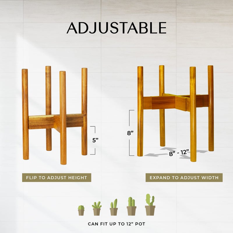 RAINBLELAND Acacia Hardwood Adjustable Plant Stand Indoor, Planter Stand Pot, Mid Century Modern Planter Holder for Indoor Plants, Outdoor Pedestal fits 8 9 10 11 12 Inches Pots, Wooden Pedestal Only - Image 2