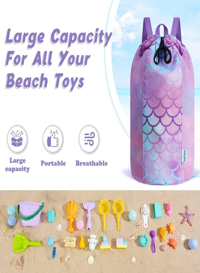 WAWSAM Mermaid Large Mesh Beach Bag for Kids, Drawstring Beach Backpack for Girls, Tote Mesh Beach Toys Bag, Swim Pool Toys Balls Storage Bags Gym Bag, Beach Toy Shells Organizer - Image 3