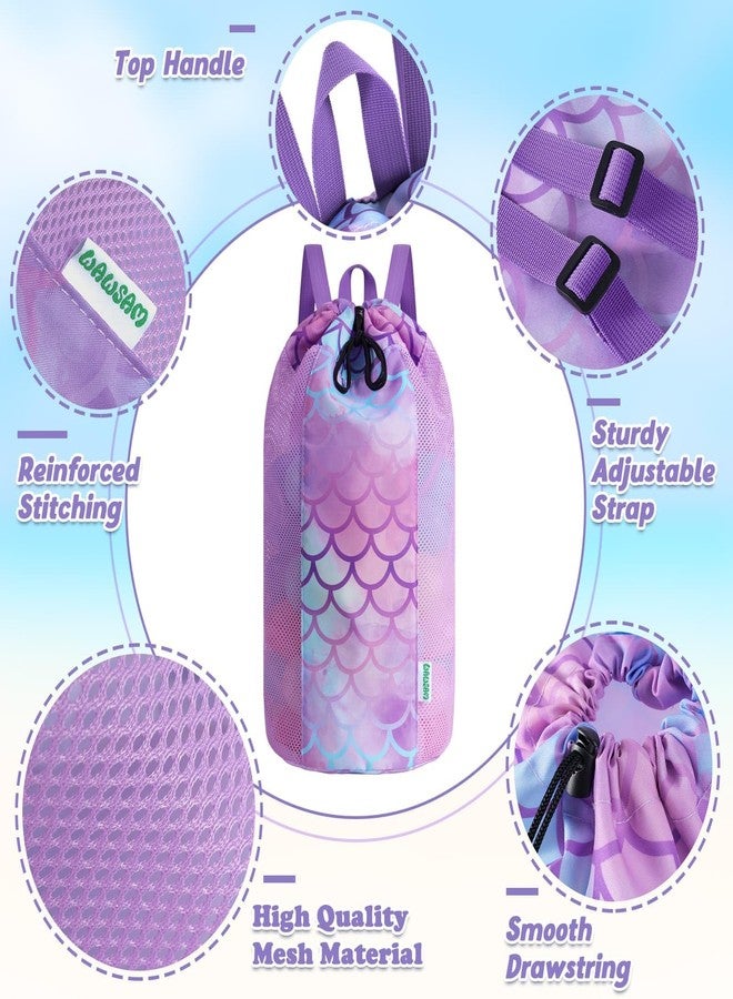 WAWSAM Mermaid Large Mesh Beach Bag for Kids, Drawstring Beach Backpack for Girls, Tote Mesh Beach Toys Bag, Swim Pool Toys Balls Storage Bags Gym Bag, Beach Toy Shells Organizer - Image 2
