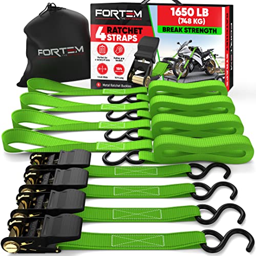 FORTEM Ratchet Straps, 1650lb Break Strength, 4 Pack 15ft x 1in Tie Down Strap Set, 4 Soft Loops, Motorcycle Straps Tie Downs, Cargo Cam Buckles for Trucks, Rubber Handles, Carry Bag - Image 1