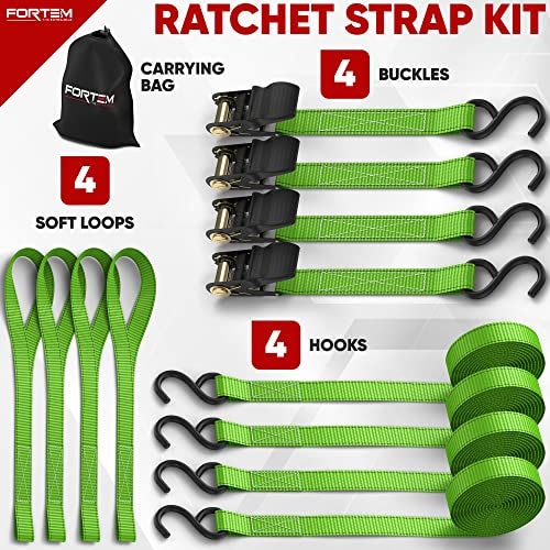 FORTEM Ratchet Straps, 1650lb Break Strength, 4 Pack 15ft x 1in Tie Down Strap Set, 4 Soft Loops, Motorcycle Straps Tie Downs, Cargo Cam Buckles for Trucks, Rubber Handles, Carry Bag - Image 4