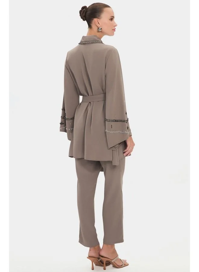 JUNE June Women Embroidered Detailed Shirt and Trousers Set Mink