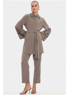 JUNE June Women Embroidered Detailed Shirt and Trousers Set Mink  - Image 2