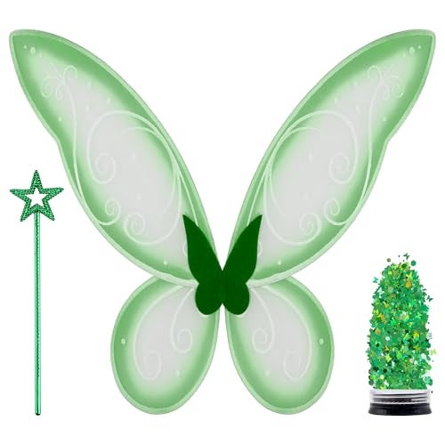 Funcredible Green Fairy Wings Wand Glitter Fairy Costume Accessories for Adults Perfect for Halloween Festivals Concerts Cosplay Themed Events - Image 1