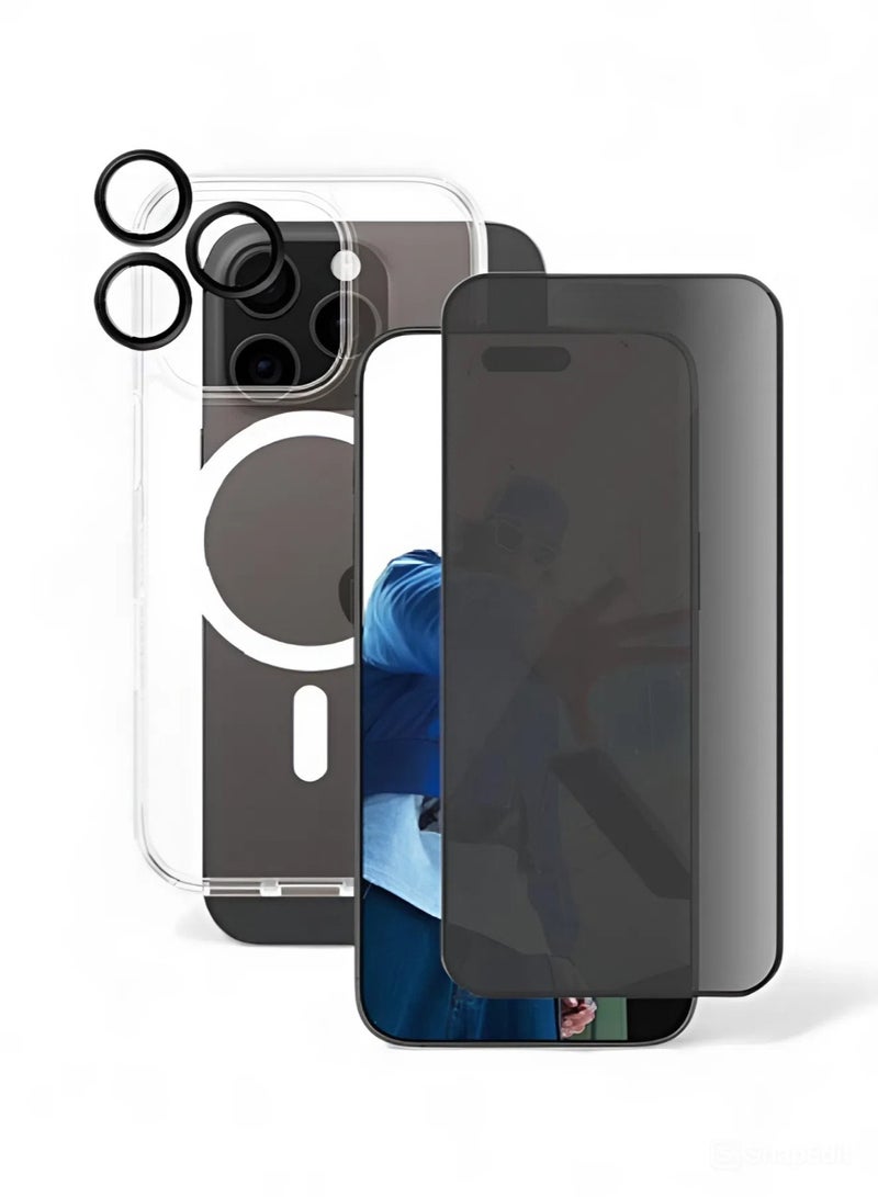 3in1 Privacy case for iPhone 16 Pro, a set consisting of a protective case that is scratch and yellowing-resistant in the short term and supports MagSafe wireless charging, a shatterproof privacy screen protector, and a glass camera protector, a complete set to protect your device from scratches, drops and breakage (3in1) - Image 1