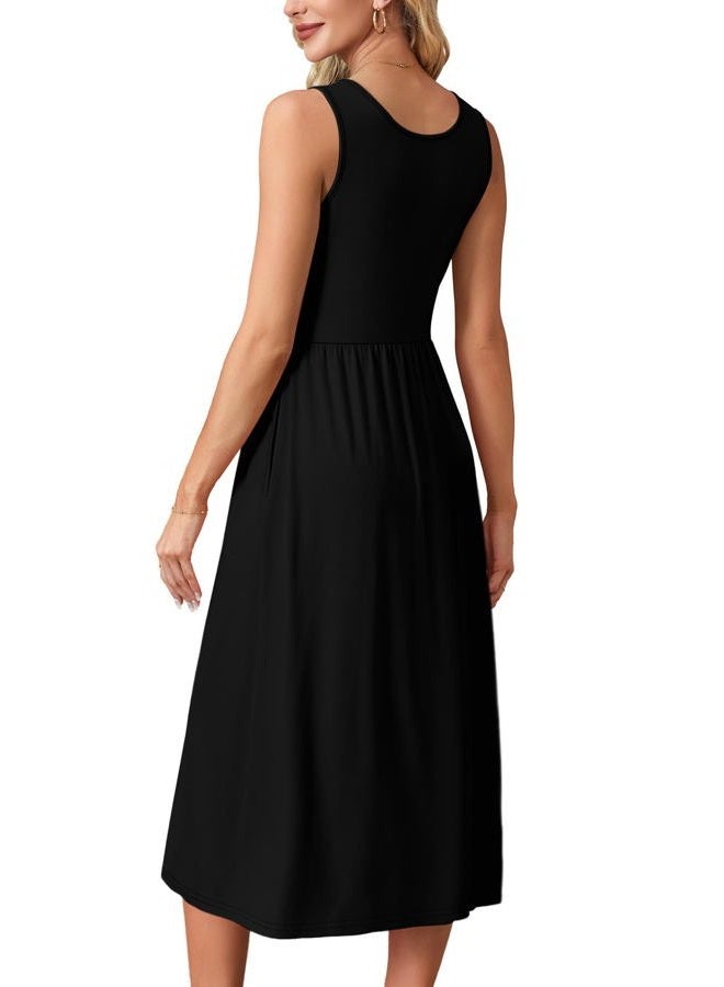 WIHOLL Women's Summer Sleeveless Maxi Dresses Casual Loose Tank Long Dress with Pockets Beach Vacation Clothes, Solid Black, XL - Image 5