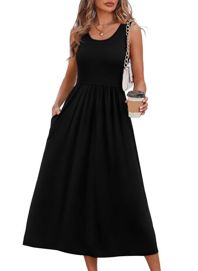 WIHOLL Women's Summer Sleeveless Maxi Dresses Casual Loose Tank Long Dress with Pockets Beach Vacation Clothes, Solid Black, XL - Image 1