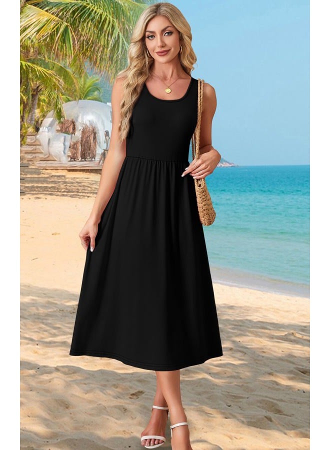 WIHOLL Women's Summer Sleeveless Maxi Dresses Casual Loose Tank Long Dress with Pockets Beach Vacation Clothes, Solid Black, XL - Image 3