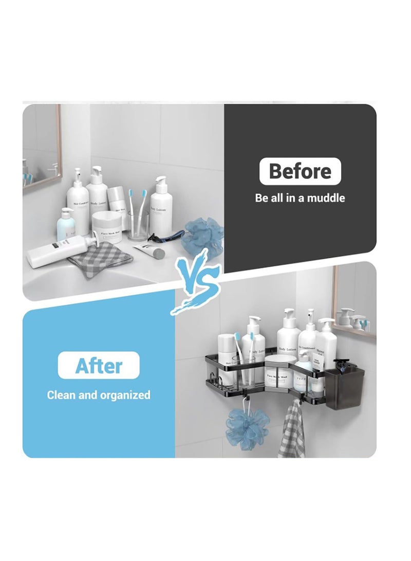 2 Pack Bathroom Shelf Storage Stainless Shower Organizer Shelf With 2 Toothbrush Holder 4 Hooks 4 Wall Mounted Sticky Hooks No Drilling Shower Shelves for Bathroom Dorm and Kitchen  - Image 3