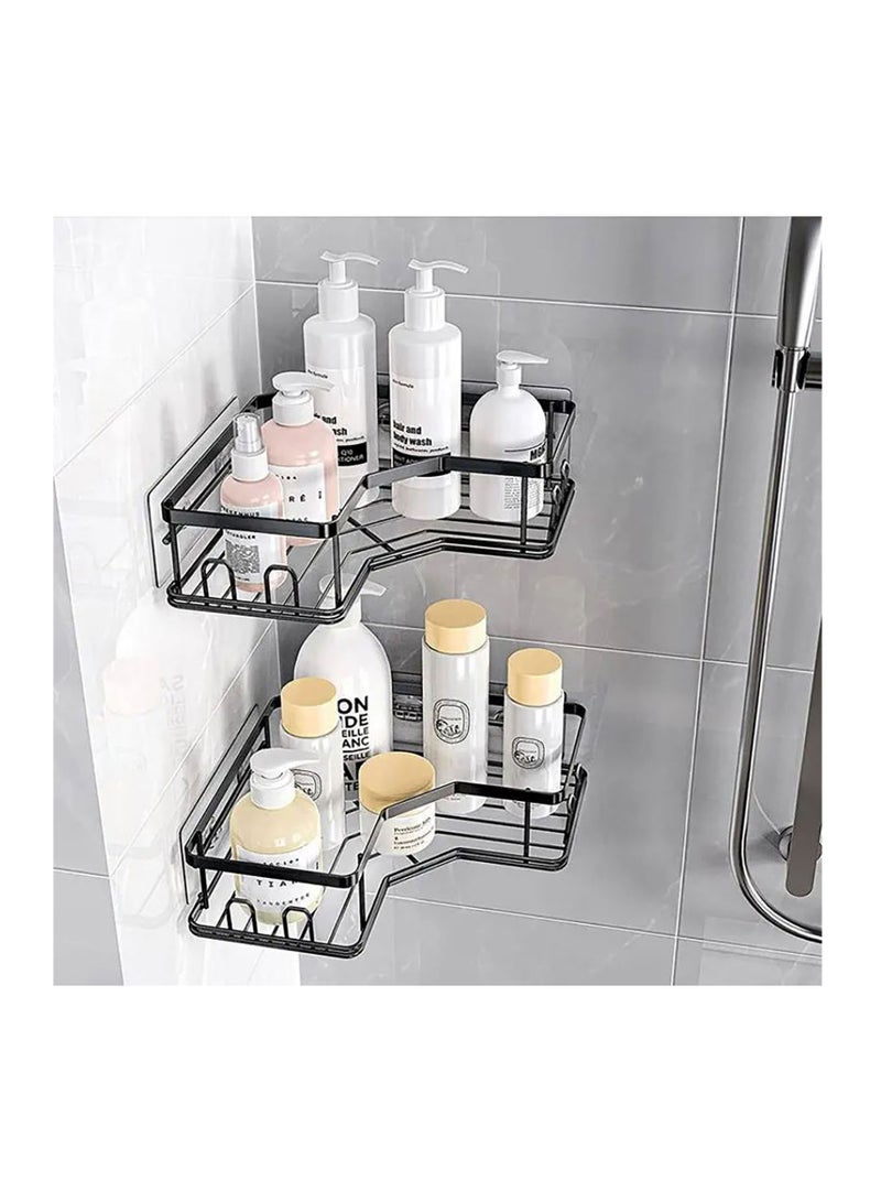 2 Pack Bathroom Shelf Storage Stainless Shower Organizer Shelf With 2 Toothbrush Holder 4 Hooks 4 Wall Mounted Sticky Hooks No Drilling Shower Shelves for Bathroom Dorm and Kitchen  - Image 5