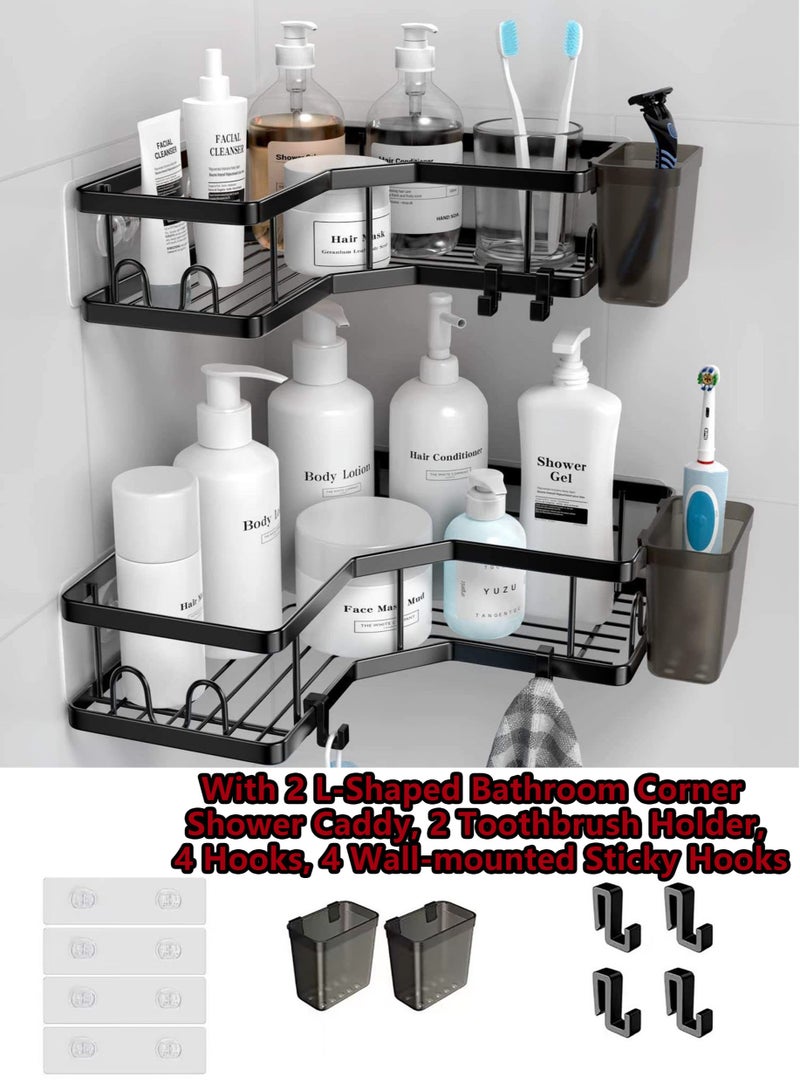 2 Pack Bathroom Shelf Storage Stainless Shower Organizer Shelf With 2 Toothbrush Holder 4 Hooks 4 Wall Mounted Sticky Hooks No Drilling Shower Shelves for Bathroom Dorm and Kitchen  - Image 1