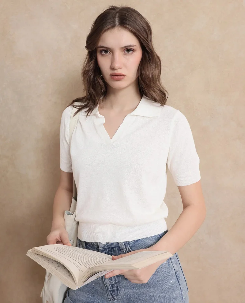Rareism Rareism Women Basel Off White Cotton Linen Fabric Short Sleeve Polo Collar Plain Polo