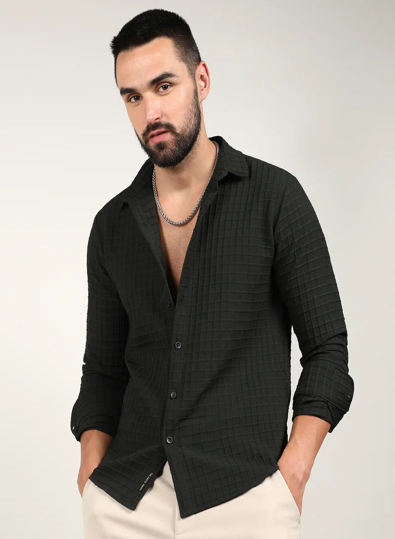 Campus Sutra Men's Midnight Black Embossed Graph Check Shirt