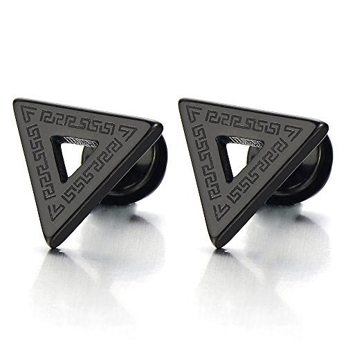 COOLSTEELANDBEYOND Stainless Steel Mens Black Triangle Stud Earrings with Pattern, Screw Back 2pcs - Image 1