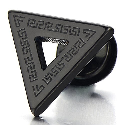 COOLSTEELANDBEYOND Stainless Steel Mens Black Triangle Stud Earrings with Pattern, Screw Back 2pcs - Image 2