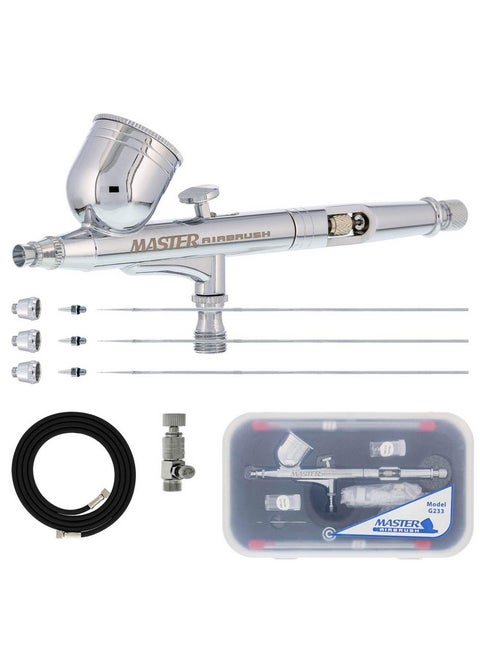 Master Performance G233 Pro Set With 3 Nozzle Sets (0.2 0.3 & 0.5Mm Needles Fluid Tips And Air Caps) And Air Hose Dualaction Gravity Feed Airbrush With 1/3 Oz Cup Cutaway Handle