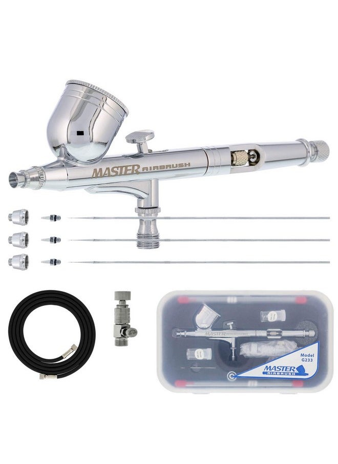 Master Airbrush - Master Performance G233 Pro Set With 3 Nozzle Sets (0.2 0.3 & 0.5Mm Needles Fluid Tips And Air Caps) And Air Hose Dualaction Gravity Feed Airbrush With 1/3 Oz Cup Cutaway Handle - Image 1