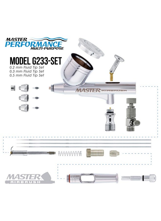 Master Airbrush - Master Performance G233 Pro Set With 3 Nozzle Sets (0.2 0.3 & 0.5Mm Needles Fluid Tips And Air Caps) And Air Hose Dualaction Gravity Feed Airbrush With 1/3 Oz Cup Cutaway Handle - Image 1