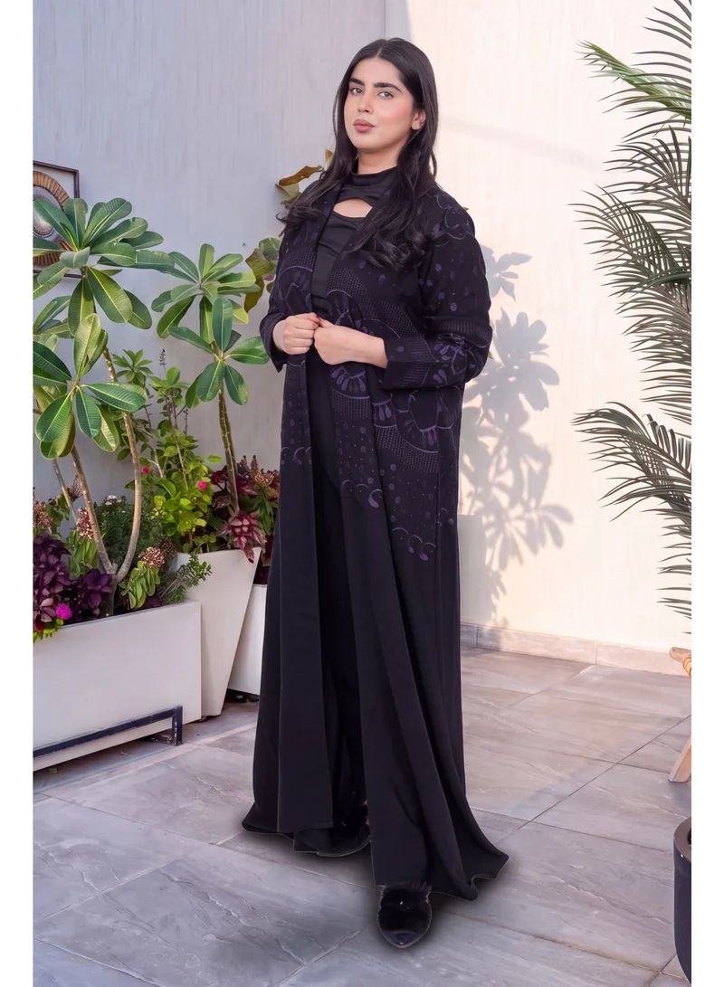 Fashion Line Elegant Black Open-Front Abaya with Purple Geometric Embroidery & Long Sleeves