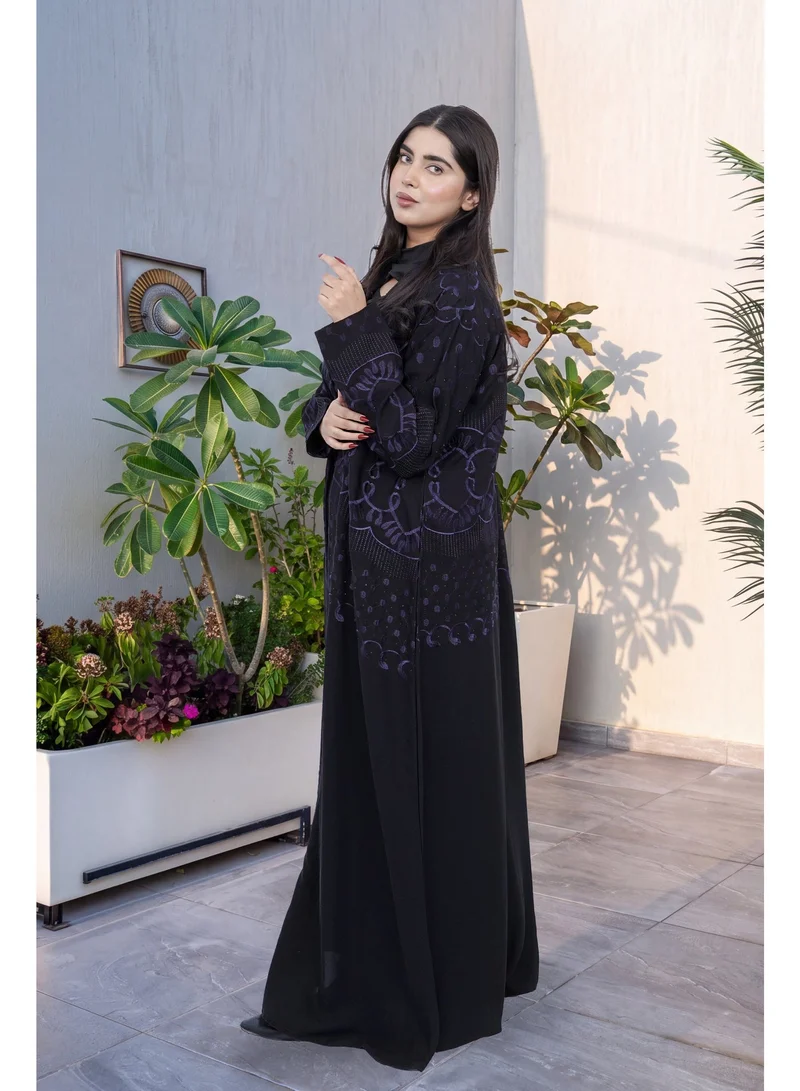 Fashion Line Elegant Black Open-Front Abaya with Purple Geometric Embroidery & Long Sleeves