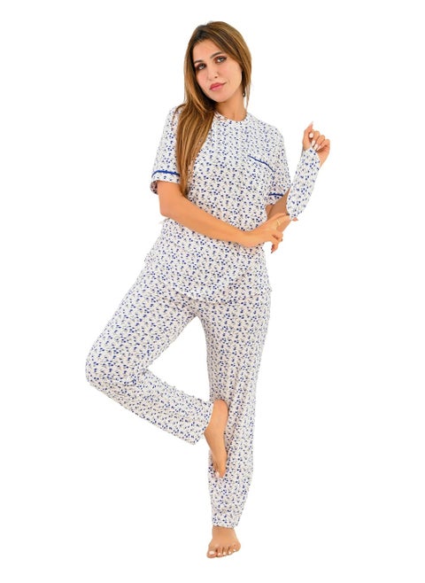 Women's pajama set - a summer wear of 2 pieces - pants and a T-shirt and sleep glasses - patterned with different designs and specially designed to provide comfort and freshness.