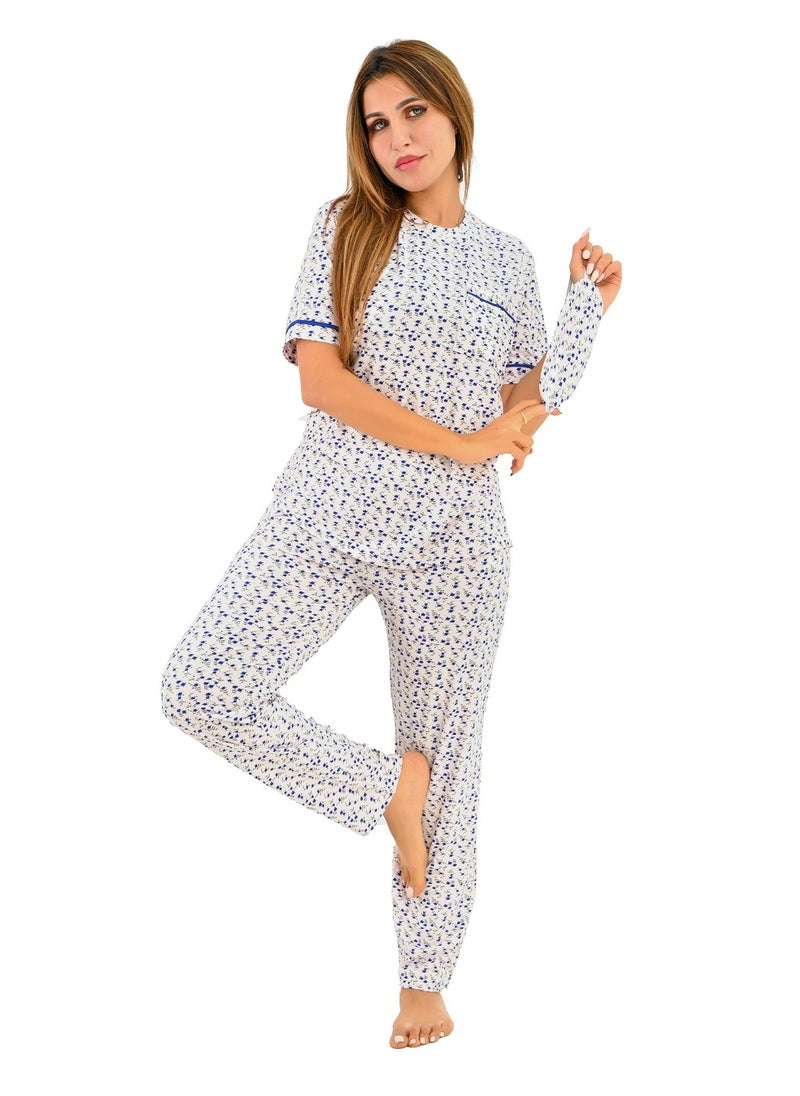 Generic - Women's pajama set - a summer wear of 2 pieces - pants and a T-shirt and sleep glasses - patterned with different designs and specially designed to provide comfort and freshness. - Image 1
