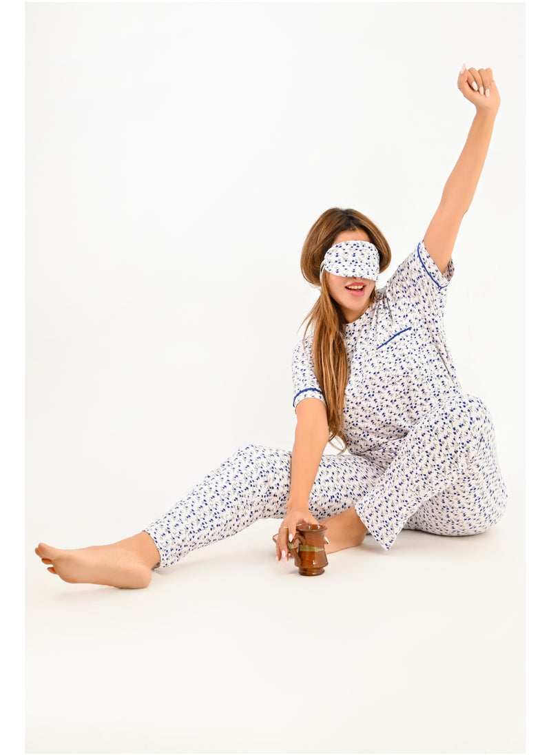 Generic - Women's pajama set - a summer wear of 2 pieces - pants and a T-shirt and sleep glasses - patterned with different designs and specially designed to provide comfort and freshness. - Image 1