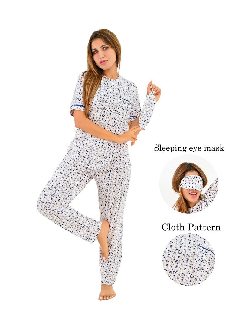 Generic - Women's pajama set - a summer wear of 2 pieces - pants and a T-shirt and sleep glasses - patterned with different designs and specially designed to provide comfort and freshness. - Image 1