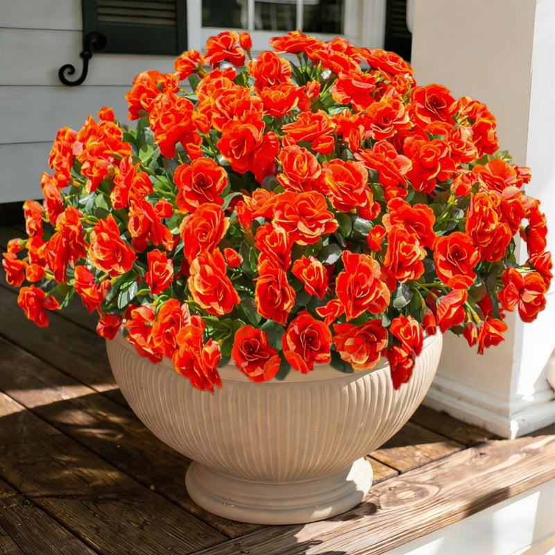 Ivydale Artificial Faux Fall Flowers Plants for Outdoor Outside, Fake Silk Orange Camellia UV Resistant Look Real for Autumn Planter Porch Patio Balcony Garden Yard Decoration, 3 Bundles - Image 1