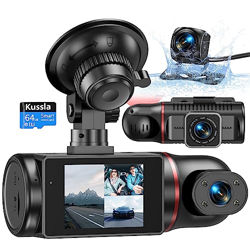 Kussla Dash Cam Front and Rear Inside 1080P 3 Channel Dash Camera for Cars with 64GB Card Super Night Vision Dashcam Car Camera with Loop Recording GSensor WDR 24H Parking Monitor - Image 1