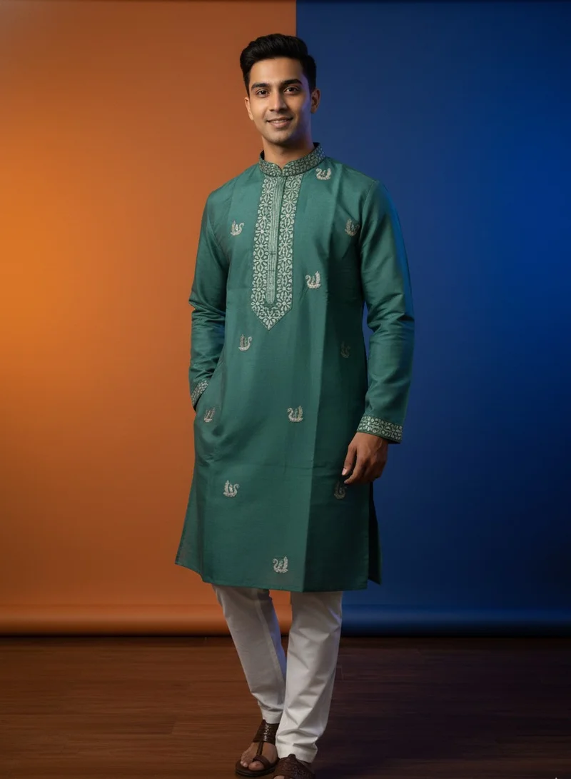 Lehar Emerald Green Silk Kurta Set with Swan Motif Embroidery