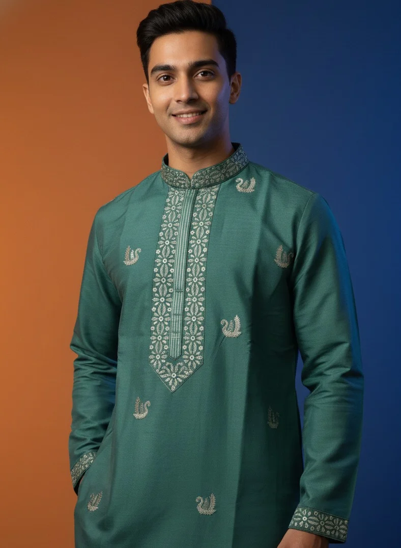 Lehar Emerald Green Silk Kurta Set with Swan Motif Embroidery