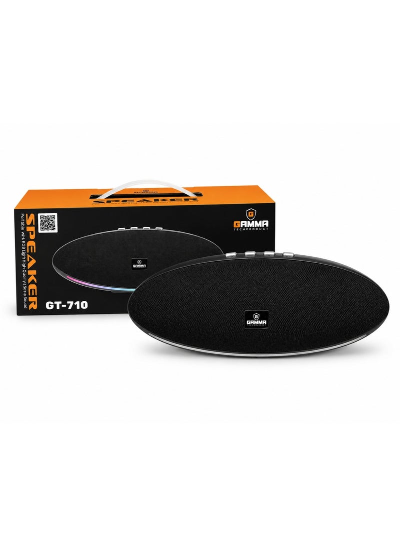 Gamma GT-710 Portable Wireless Speaker – Powerful Stereo Sound with Dual 5W Speakers, Dynamic RGB Lighting Effects, Bluetooth Wireless Audio Streaming, USB, TF Card,Playback Support, Built-in 1800mAh Rechargeable Battery, Up to 3 Hours Playtime, Durable ABS Construction, Convenient Carry Handle, Ideal for Home, Travel, Outdoor Parties & Everyday Entertainment – Black - Image 2