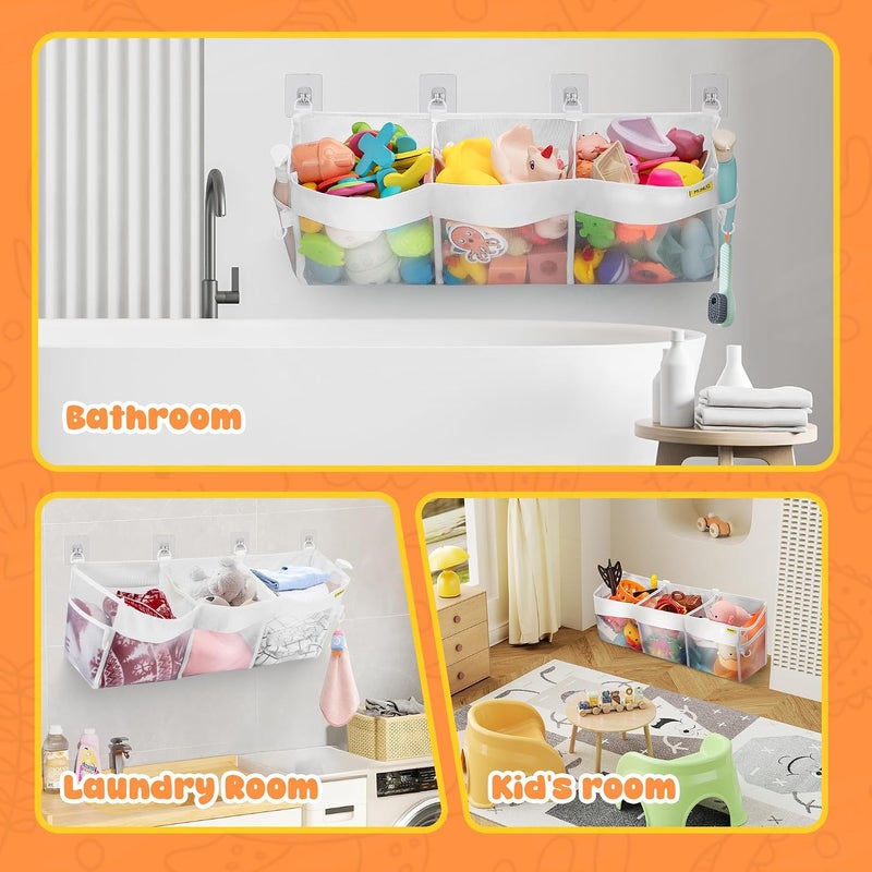 PINKE Bath Toy Organizer, 3 Compartment Bathtub Toy Storage Bag, Quick Access Bath Toy Holder Baby Shower Games bath Tub Quick Dry Baby Bath Toy Storage Accessory White - Image 5