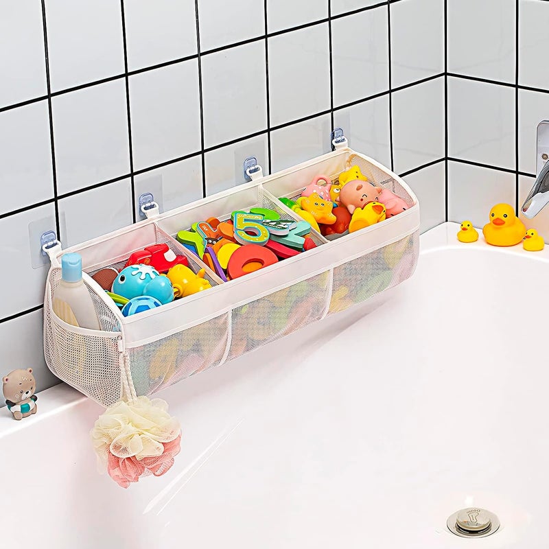 PINKE Bath Toy Organizer, 3 Compartment Bathtub Toy Storage Bag, Quick Access Bath Toy Holder Baby Shower Games bath Tub Quick Dry Baby Bath Toy Storage Accessory White - Image 1