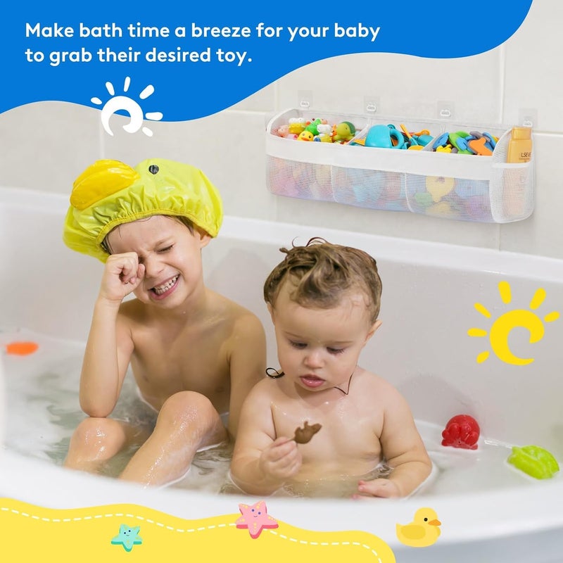 PINKE Bath Toy Organizer, 3 Compartment Bathtub Toy Storage Bag, Quick Access Bath Toy Holder Baby Shower Games bath Tub Quick Dry Baby Bath Toy Storage Accessory White - Image 4