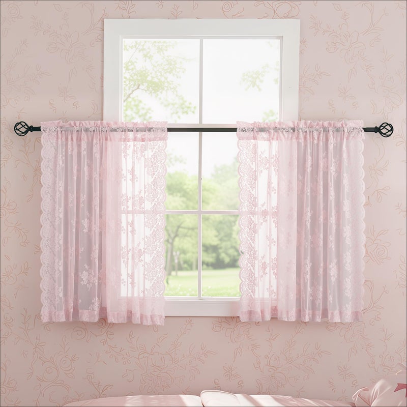 Kotile Pink Short Lace Curtains 36 Inch Length, 2 Panels, W42 x L36 Inch Each, Country Rustic Floral Short Sheer Curtains for Kitchen Window Over Sink, Rod Pocket Privacy Light Filtering Small Cafe Curtains - Image 1