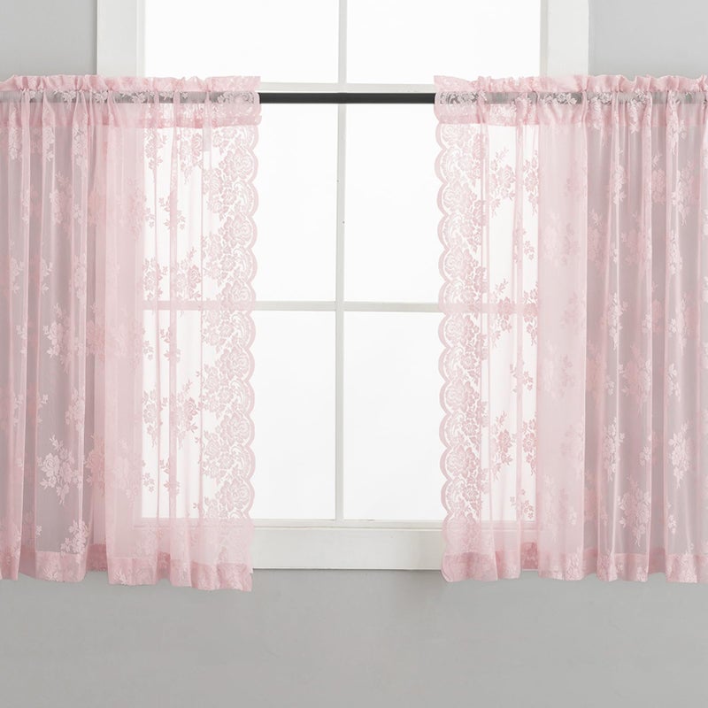 Kotile Pink Short Lace Curtains 36 Inch Length, 2 Panels, W42 x L36 Inch Each, Country Rustic Floral Short Sheer Curtains for Kitchen Window Over Sink, Rod Pocket Privacy Light Filtering Small Cafe Curtains - Image 5