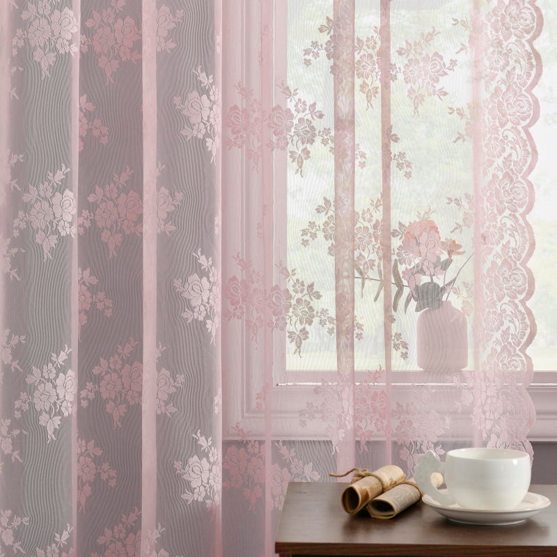 Kotile Pink Short Lace Curtains 36 Inch Length, 2 Panels, W42 x L36 Inch Each, Country Rustic Floral Short Sheer Curtains for Kitchen Window Over Sink, Rod Pocket Privacy Light Filtering Small Cafe Curtains - Image 4