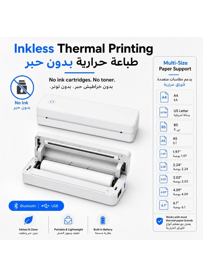 MT80 A4 Portable Thermal Printer, Inkless Mobile Printer with Bluetooth & USB Connection, Supports A4 / Letter / Multi-Size Thermal Paper, Compatible with iOS, Android, Windows and MacOS, Black - Image 1