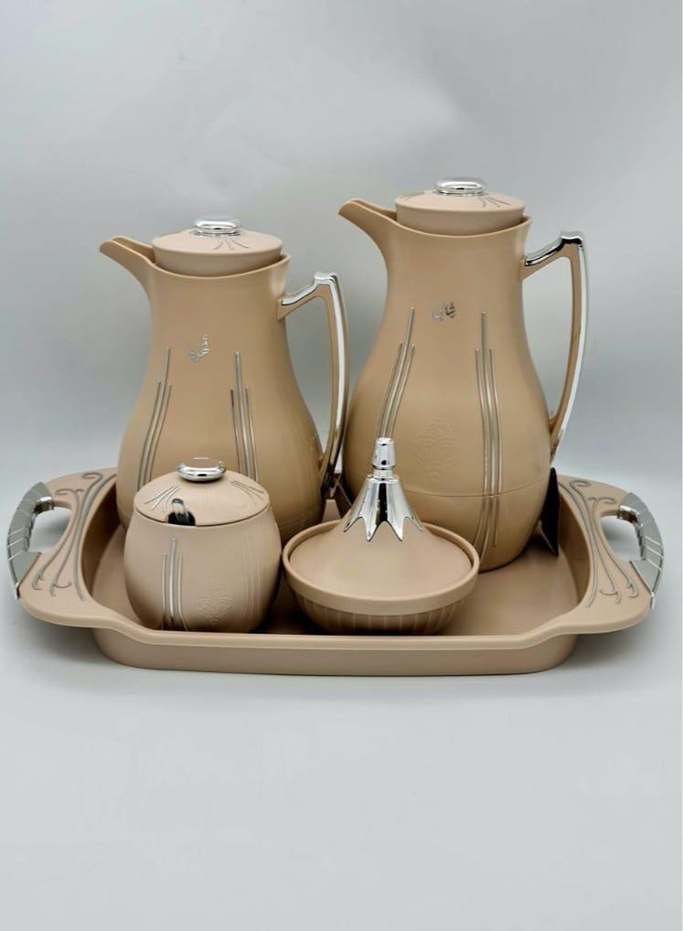 طقم ترامس للشاي والقهوة مع صينية تقديم وعلبة سكر وعلبة شاي بتصميم جذاب 5 قطع