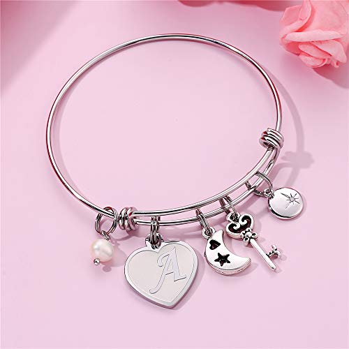 M MOOHAM Heart Charm Bracelets for Women - Initial Charm Engraved Letter A Initial Bracelet Stainless Steel Expandable Charms Bangle Bracelets Birthday Jewelry Gifts for Women Teen Girls Bridesmaids Gifts - Image 3