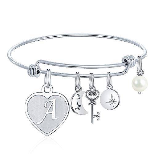 M MOOHAM Heart Charm Bracelets for Women - Initial Charm Engraved Letter A Initial Bracelet Stainless Steel Expandable Charms Bangle Bracelets Birthday Jewelry Gifts for Women Teen Girls Bridesmaids Gifts - Image 1