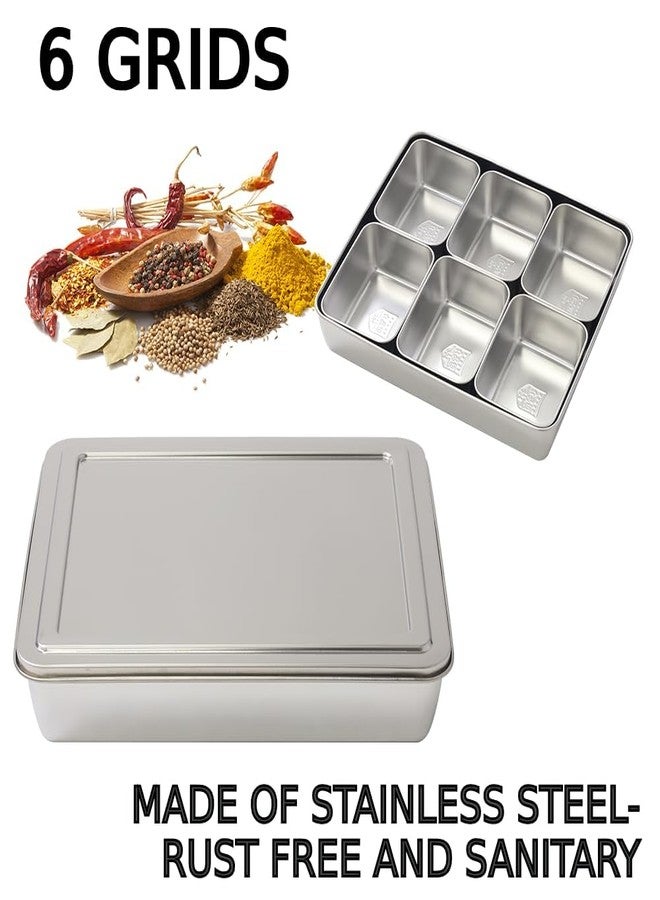Japard Stainless Steel Seasoning Box with Lid, Food Storage Container with Tray Spice Organizer Jars, 6 Grids Spice Salt Sugar, Kitchen Utensils - Image 4