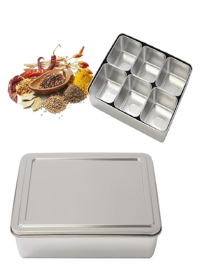 Japard Stainless Steel Seasoning Box with Lid, Food Storage Container with Tray Spice Organizer Jars, 6 Grids Spice Salt Sugar, Kitchen Utensils - Image 1