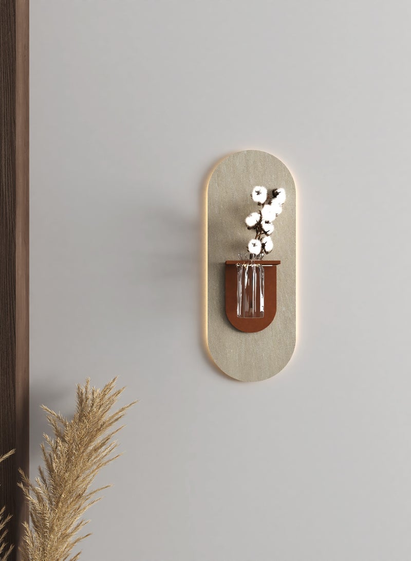 Marktna Illuminated wooden wall fixture with an artistic design and a vase.