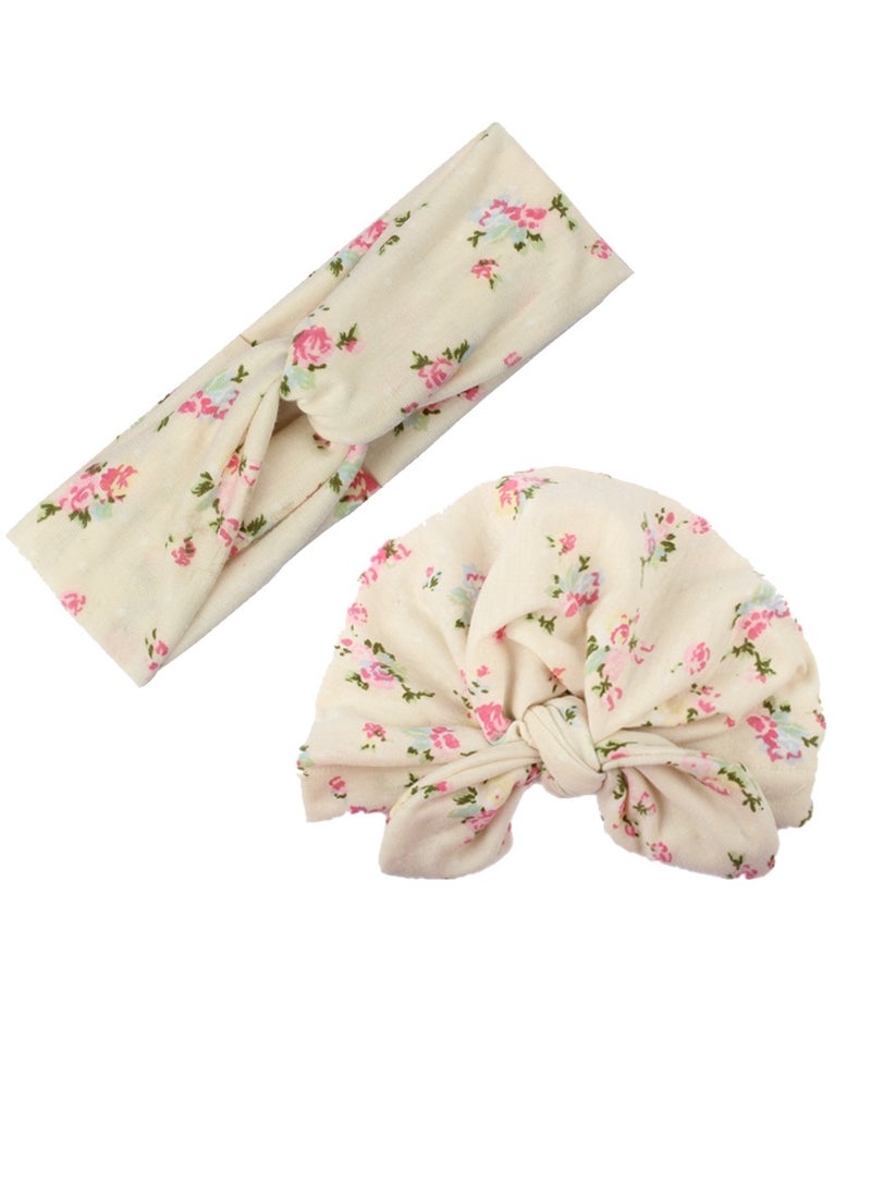 1 Set Flower Printed Parent-Child Headwear, Mom Headband and Child Beanie Infant Caps - Image 1